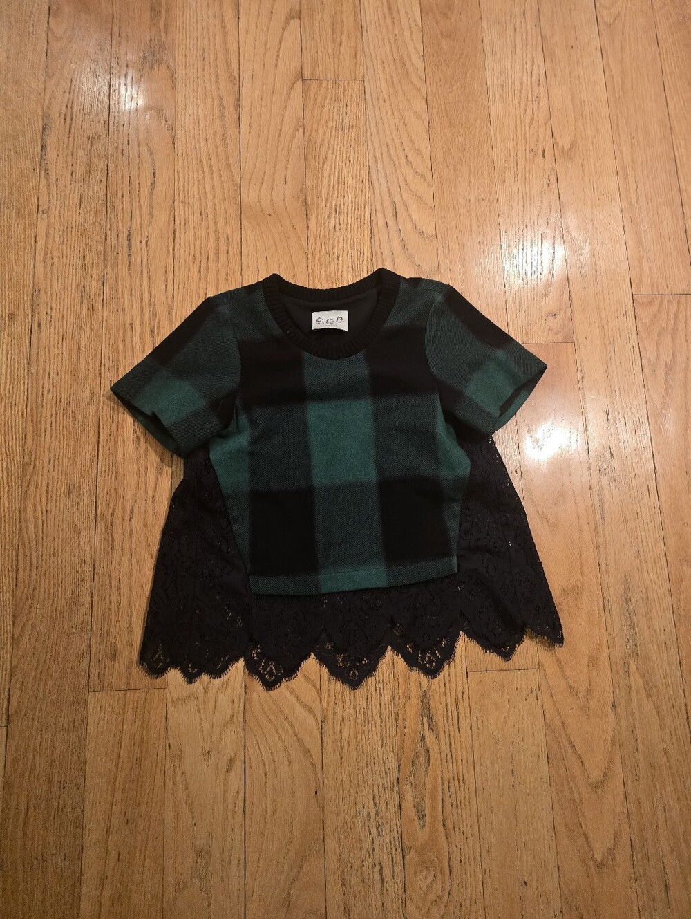 Sea New York Buffalo Plaid Wool Blend Lace Top Size 0 Academia Green/Black